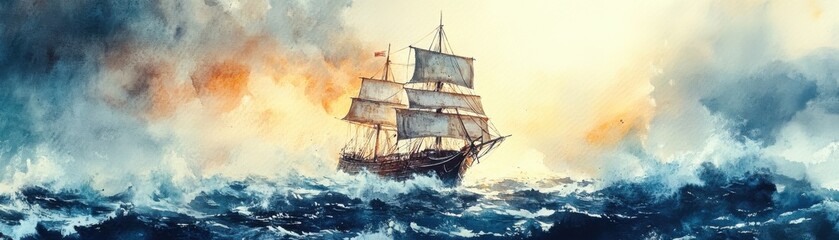 A sailing ship battles rough ocean waves under a dramatic sky, illuminated by the light of dawn or dusk.