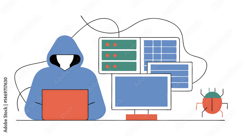 Poster dangerous hooded hacker breaks into government data servers and infects their system with a virus hi