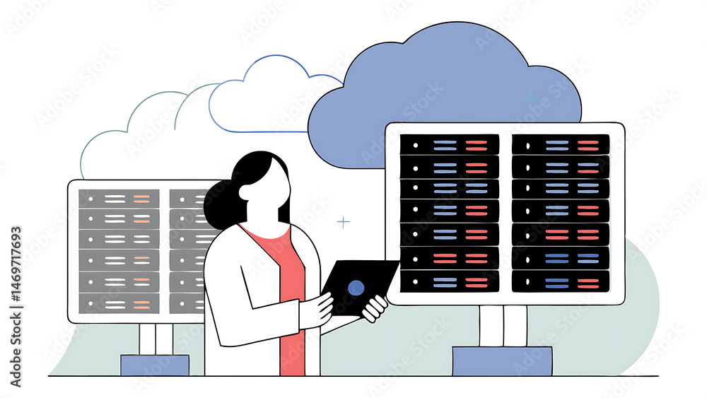 Poster data center female it specialist uses laptop computer cloud computing server farm with it engineer m
