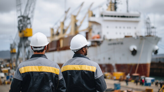 Wide angle shot of industrial shipyard, two figures in hard hats dwarfed by bulk carrier under construction in dry dock