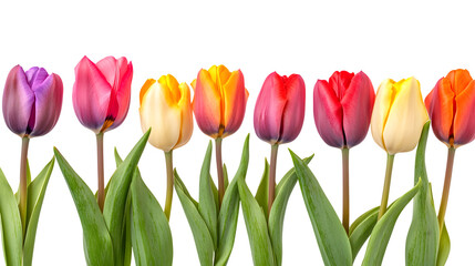 Naklejka premium Vibrant Row of Colorful Tulips Isolated on Transparent Background for Creative Design Projects