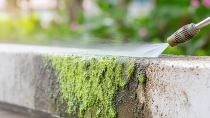 Removing moss from sidewalk slabs using a water jet from a pressure washer