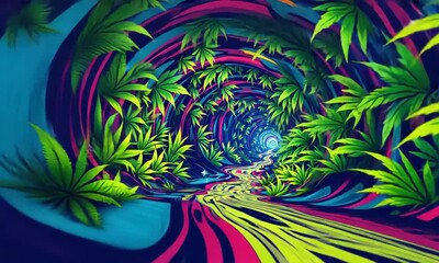 Psychedelic Tunnel of Cannabis Leaves with Swirling Colors and a Light at the End - Powered by Adobe