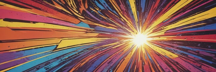 Colorful comic book style burst; intense hues, dynamic radiating lines ,  texture, comic