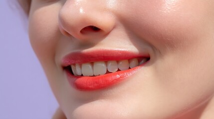 Naklejka premium Close-Up of Smiling Woman with Glossy Lips and Radiant Skin