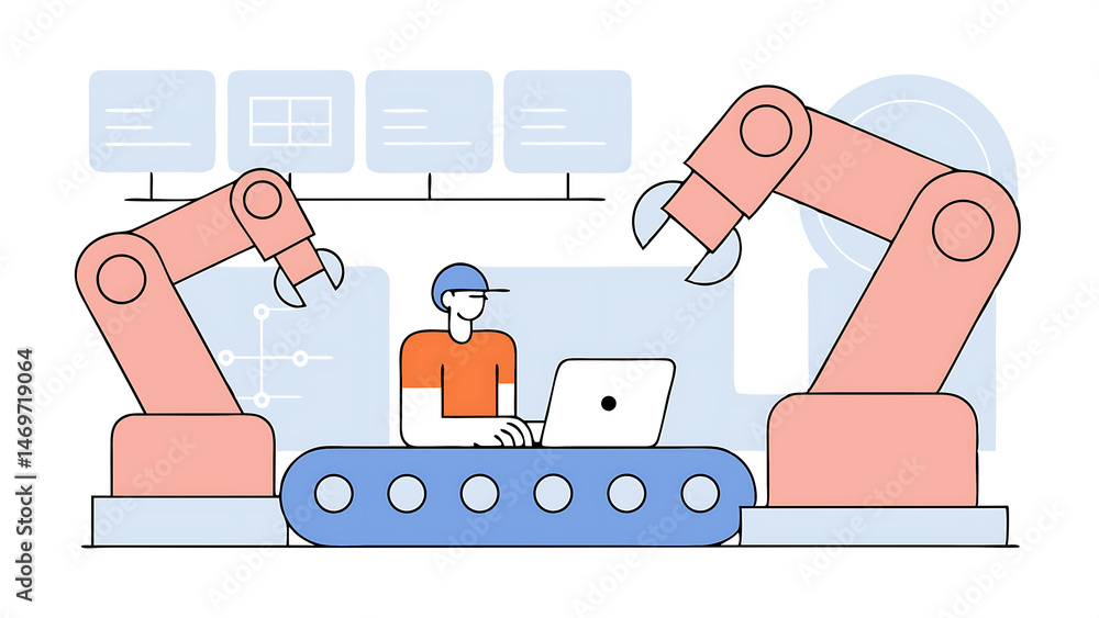 Poster engineer with laptop activates autonomous ev factory digitization visualization shows robotic arms a