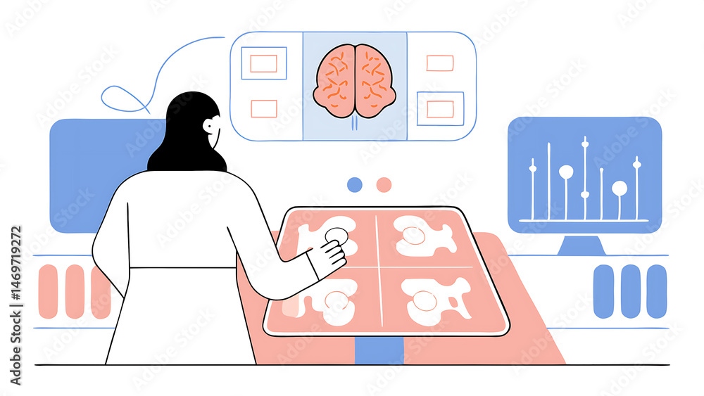 Poster female asian neuroscinetist using interactive touch screen table with mri scans on display in modern