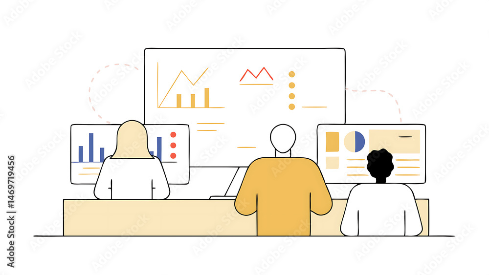 Poster female data scientist and male project manager discussing reports and graphs on big digital screen i