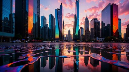 Dystopian Alchemy: Melting Mercury Towers & Untranslatable Neon Ciphers in a Cybernetic Cityscape (Game Environment Concept Art)