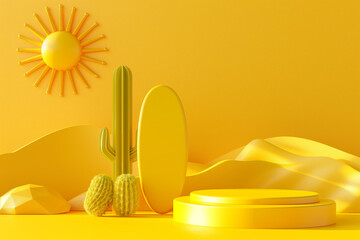 A 3D-rendered yellow display platform sets the stage for a vibrant summer scene, accented by a cactus, bright sun, and a surfboard leaning playfully to the side.

