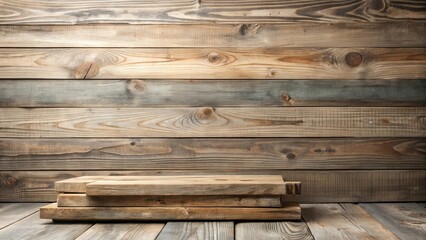 Rustic Wooden Display Stacked Planks Against Weathered Wood Background Ideal for Product Presentation or Rustic Design Elements