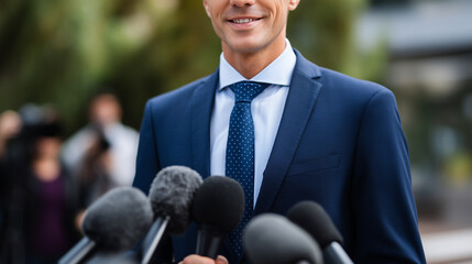 A government official or corporate representative stands amid a jungle of microphones and reporters, calmly addressing a live press event as the blurred bustle of modern journalism