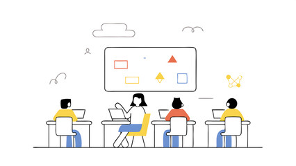 group of tech savvy primary school children working on their laptop and tablet computers in class young female teacher educating kids on internet safety basic programming  languages and for 55298358 1