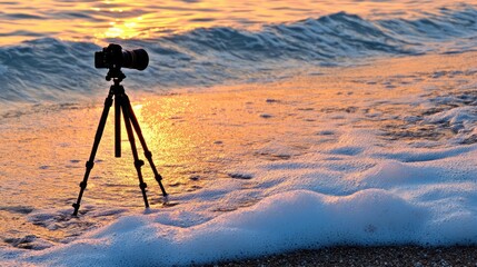 Tripod silhouette and sea shells near ocean foam glowing under sunset hues