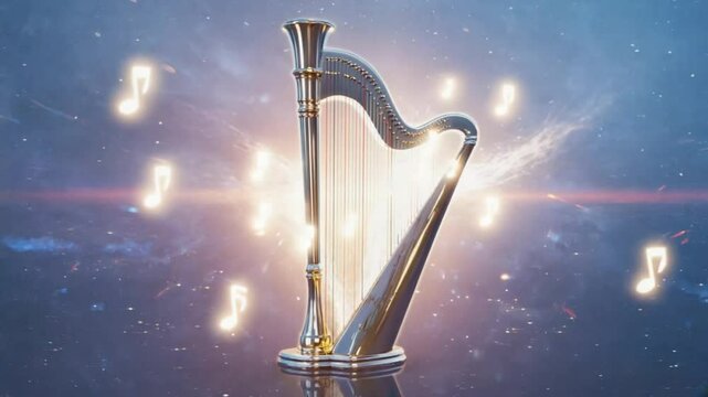 Harp illuminated with floating musical notes