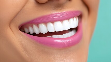 Obraz premium Close-Up of Bright Smile with White Teeth and Pink Lipstick