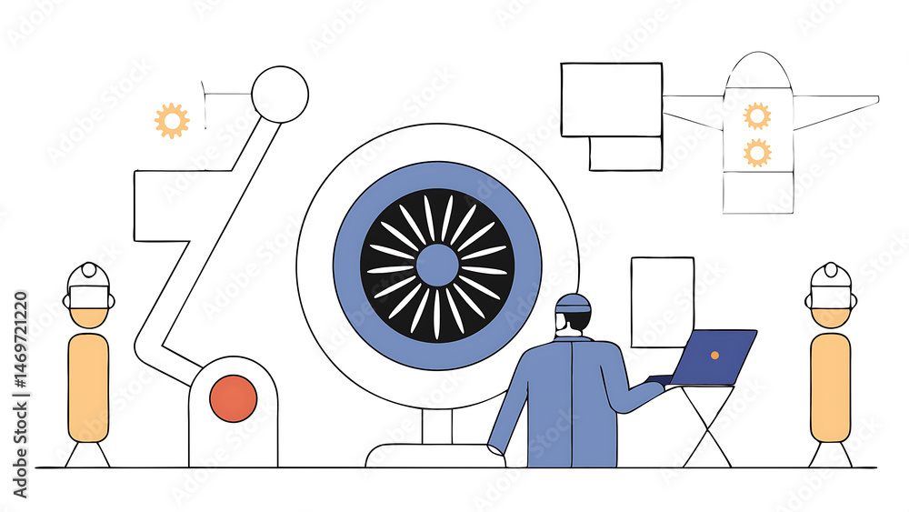 Poster high tech futuristic technology concept: visualization of futuristic airplane engine maintenance con