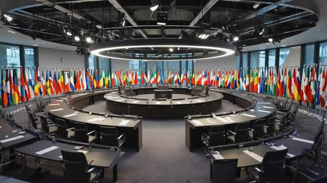 International conference room with flags