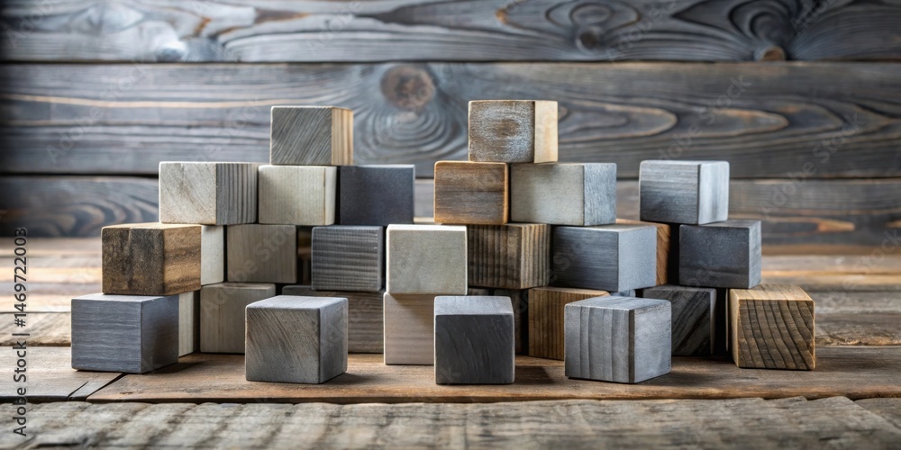 Poster A collection of rustic wooden blocks arranged in a visually appealing, asymmetrical stack against a backdrop of weathered wood planks.