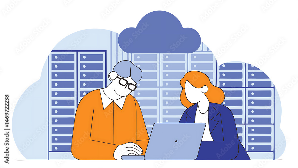 Poster male cloud architect and female database engineer review data storage protocols on a shared laptop i