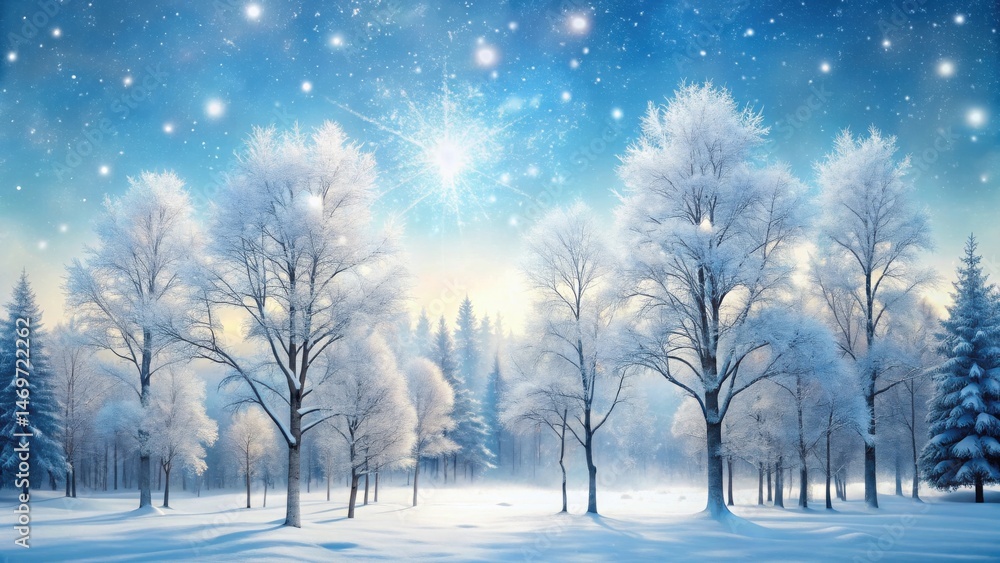 Poster a serene winter wonderland scene showcasing frost-covered trees bathed in the soft glow of a rising 