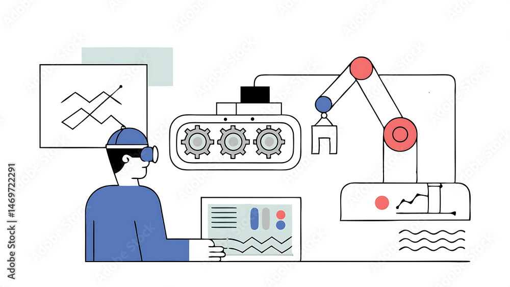 Poster male engineer uses an augmented reality headset to interact with holographic model of engine in a hi