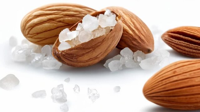 Shea nuts and shea butter crystals, close-up macro shot on a white background with detail of organic beauty product