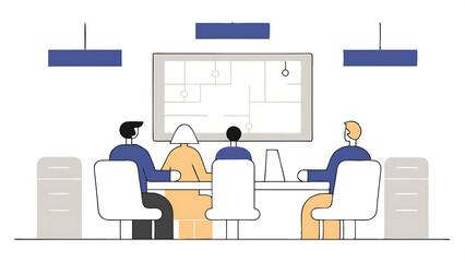modern factory office meeting room: diverse team of engineers managers and investors talking at conference table use interactive tv analyze sustainable energy engine blueprints high tech fa 29312904 3