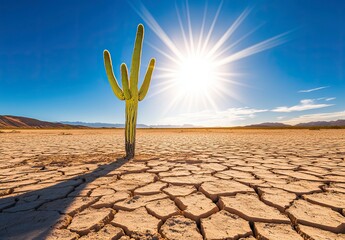 Cactus is standing in a desert with a bright sun in the background. The desert is dry and barren