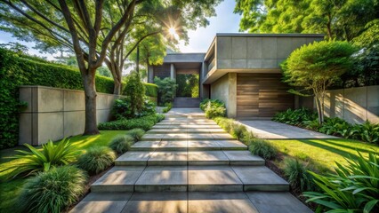 Sunlit Stone Steps Leading to a Modern Home with Lush Greenery and a Serene Landscape