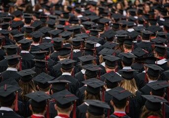 Large crowd of university graduates wearing black academic dresses and mortarboards during graduation ceremony. Education and academic success concept.