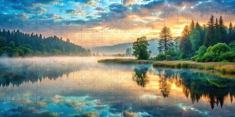 Serene Sunrise Lake Reflection Puzzle Misty Morning, Trees Mirrored in Calm Waters, a Colorful Sky at Dawn