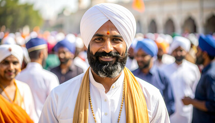 Smiling Sikh Man in Traditional Turban at Religious Gathering