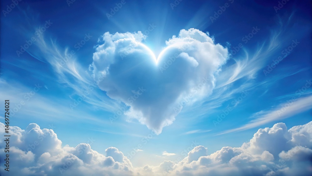 Aufkleber heart-shaped cloud formation in a vibrant blue sky, surrounded by fluffy cumulus clouds and wispy ci