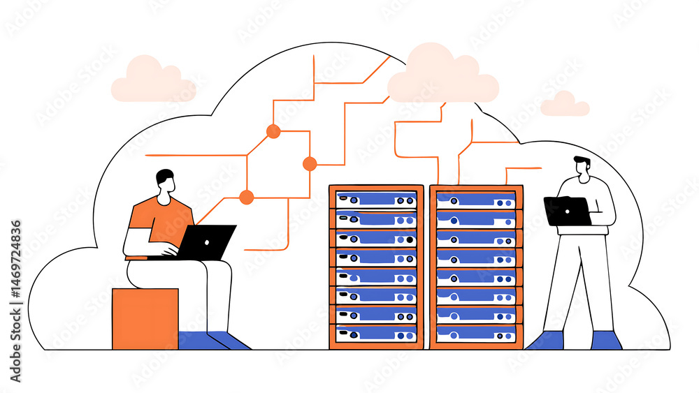Poster portrait of it specialist uses laptop in data center server farm cloud computing facility with male 