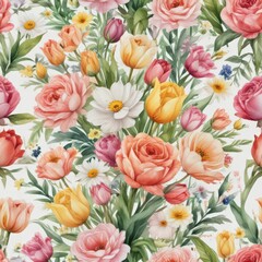 Fototapeta premium Vibrant watercolor floral bouquet; roses, tulips, daisies, garden, spring, flowers, colorful, white background, illustration, art, botanical, vibrant, garden