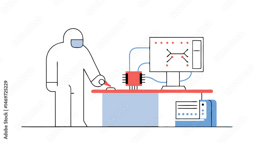 Poster printed circuit board production in electronics factory cleanroom: scientist in sterile suit using s