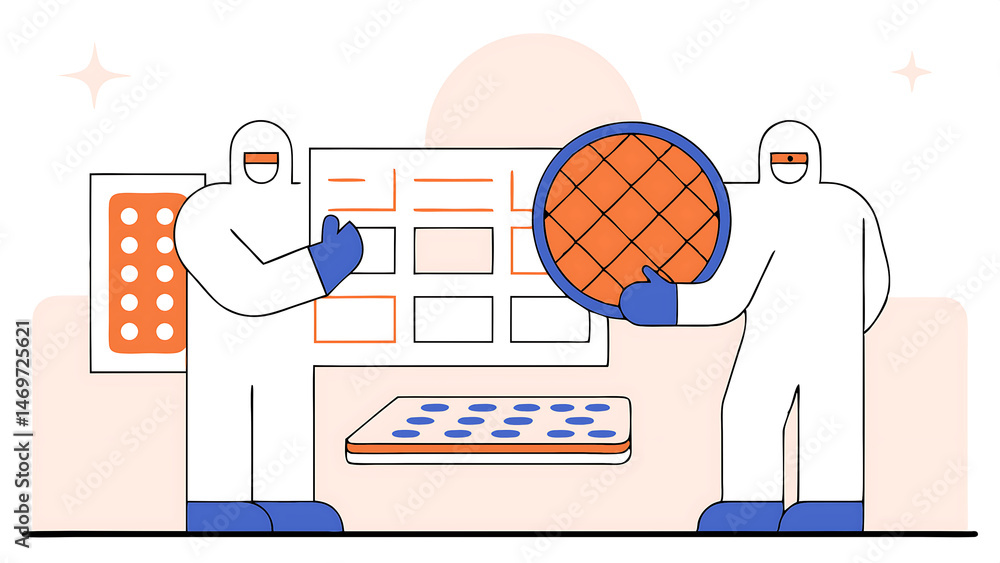 Poster semiconductor production process at electronics factory: two scientists in sterile suits taking out 