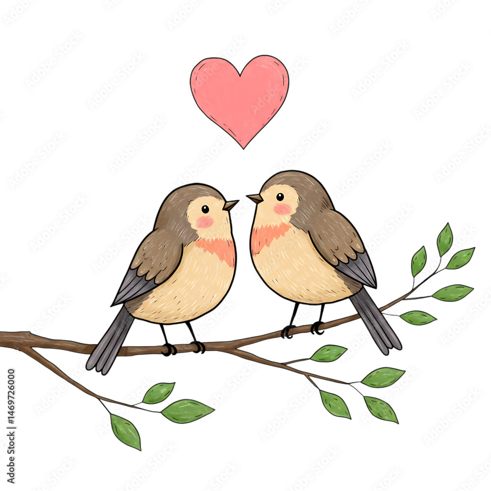 Aufkleber two birds on a branch with a heart above them transparent background