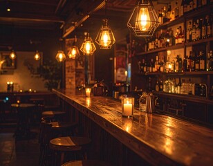 Cozy Romantic Bar Interior with Warm Lighting and Candles at Night