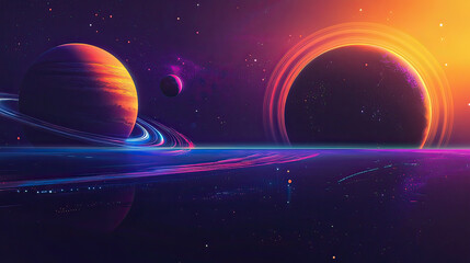 Planets in dark space reflect in purple water. Rings around bright planets AI generative