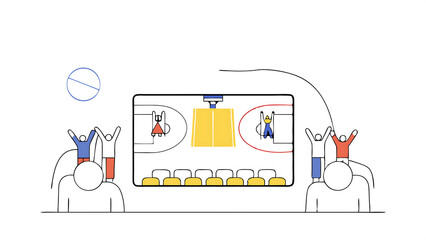 sold out arena with spectators watching national basketball tournament match teams play diverse crowds of fans cheer sports channel live television broadcast establishing wide high angle fo 65182846 2
