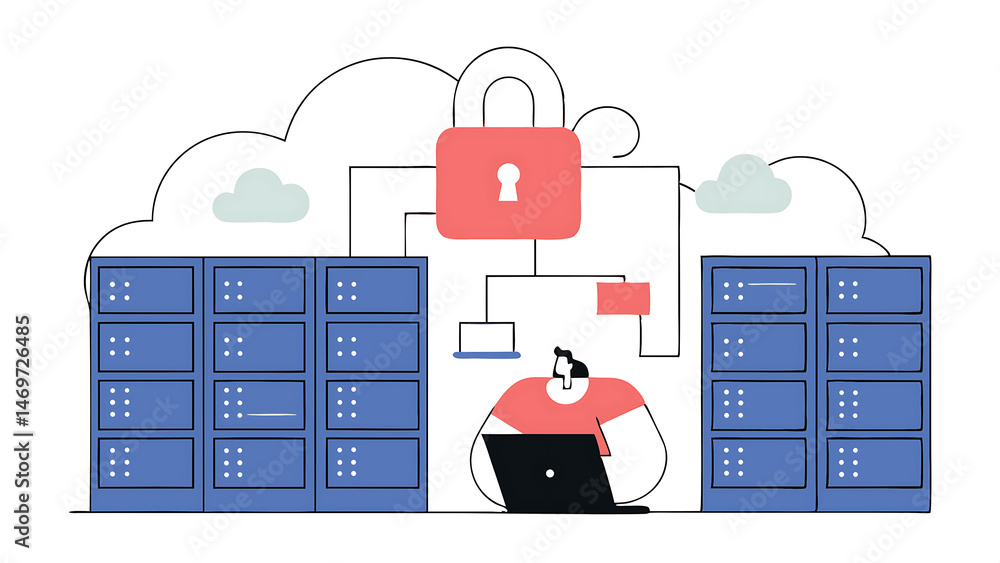 Poster successful data center it specialist using laptop computer server farm cloud computing facility with