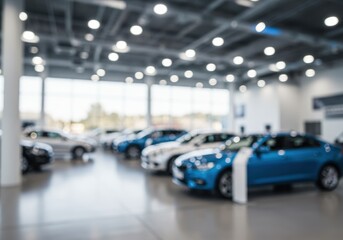 Blurred showroom interior featuring a variety of new cars in a dealership. Concept for automotive sales, consumerism, and the automobile industry.