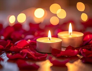 Romantic candlelight setting with red rose petals and bokeh lights