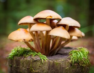 group of mushrooms sitting on top of a tree stump