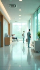 Fototapeta premium Generative AI blurred hospital interior with people waiting and medical personnel