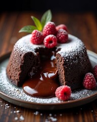  A freshly baked chocolate lava cake oozing rich molten center, garnished with fresh raspberries and powdered sugar