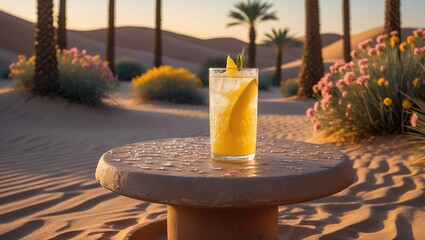 Refreshing Citrus Drink on Table in Desert Oasis at Sunset