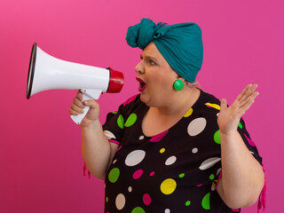 Colorful Retro Woman Shouting Through a Megaphone